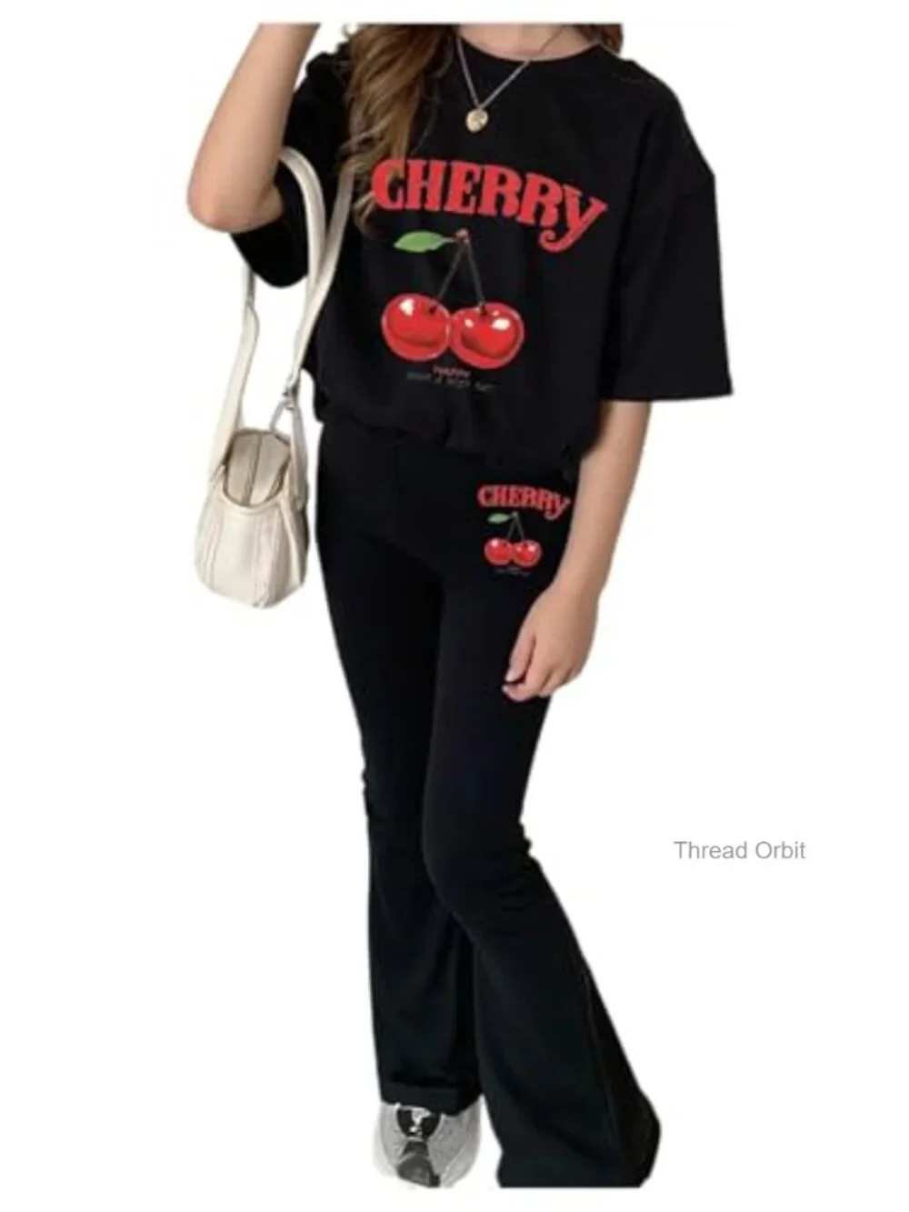 Girl's Cherry Print Tee and Flare Pants 2 Piece Set